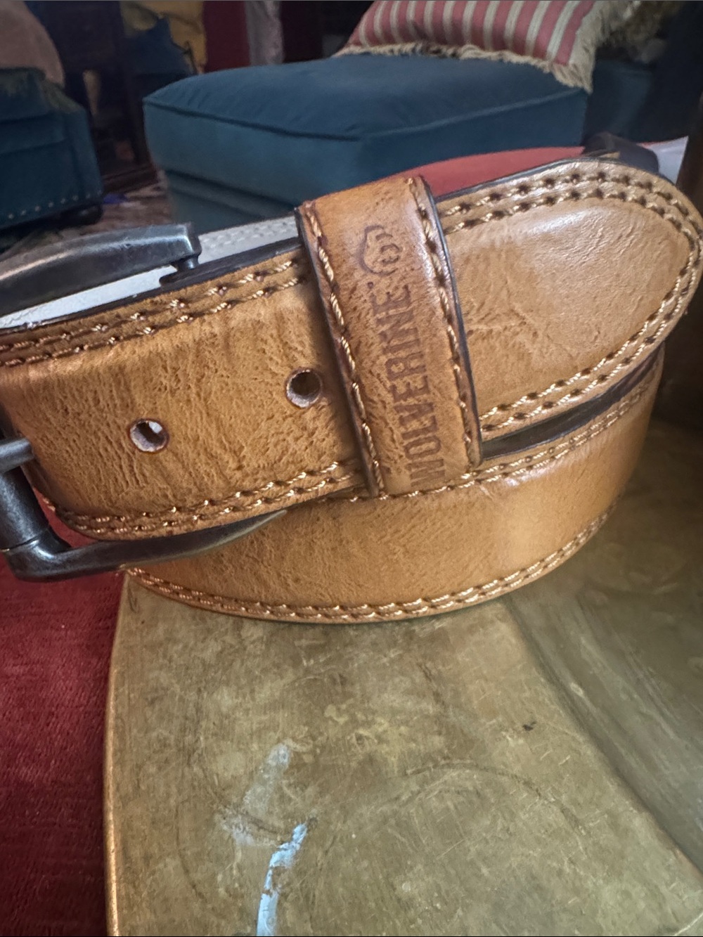 Wolverine Brown Leather Stitched Belt with Metal Buckle